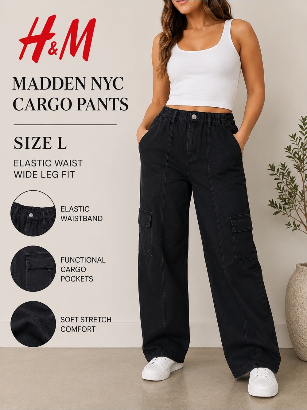 Madden NYC Black Cargo Pants Elastic Waist Wide Leg Large L - Picture 1 of 9